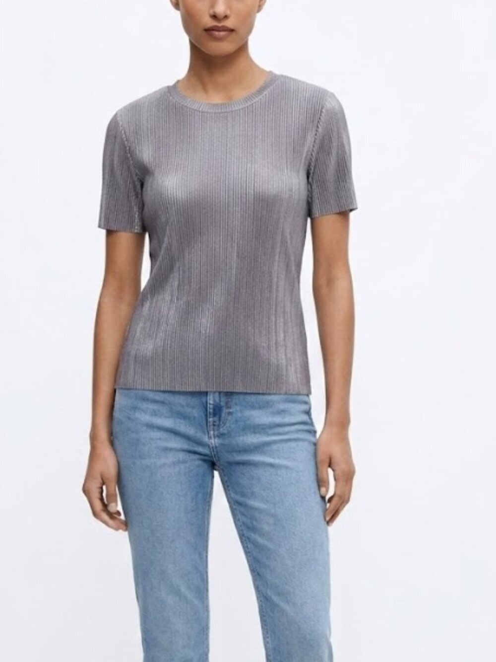 Zara Grey Metallic Ribbed Short Sleeved Top Size S